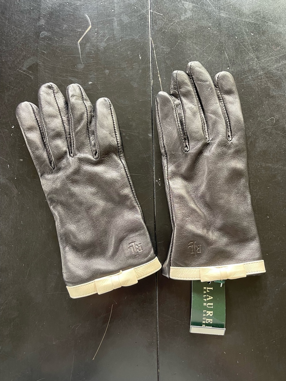 Ralph Lauren Black Leather Gloves With White Bow